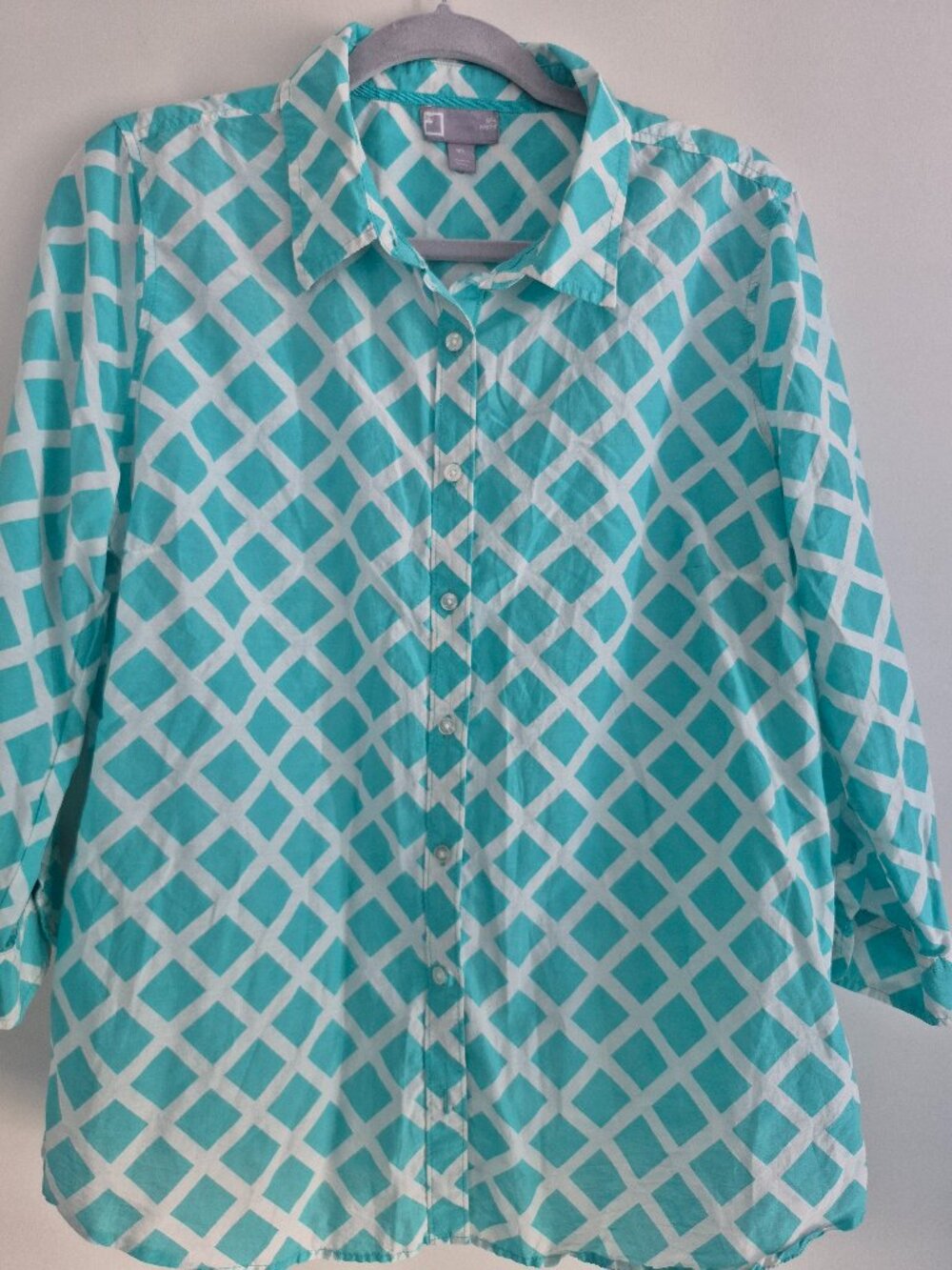 JCP Silk‑Blend Turquoise Geometric Button‑Front Blouse – Size XL
